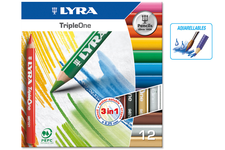 Crayons Lyra 3 en 1 Triple One - Couleur, Cire et aquarellables - Crayons  de couleur - 10 Doigts