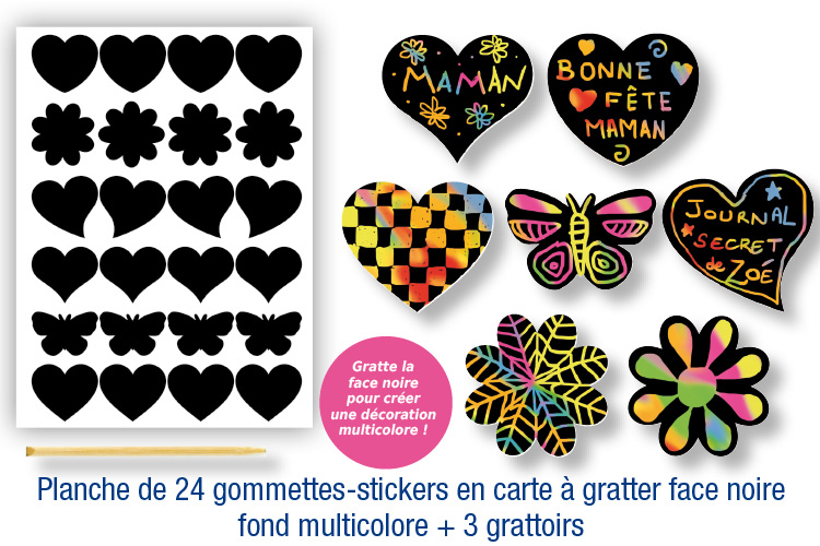 Gommettes-stickers en carte à gratter + 3 grattoirs
