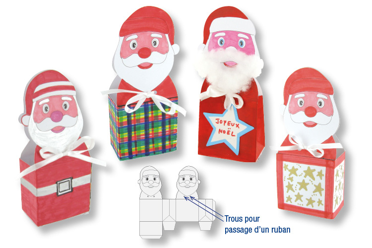 Set de 4 boîtes Père Noël en carte blanche à colorier + 4 rubans satin blanc