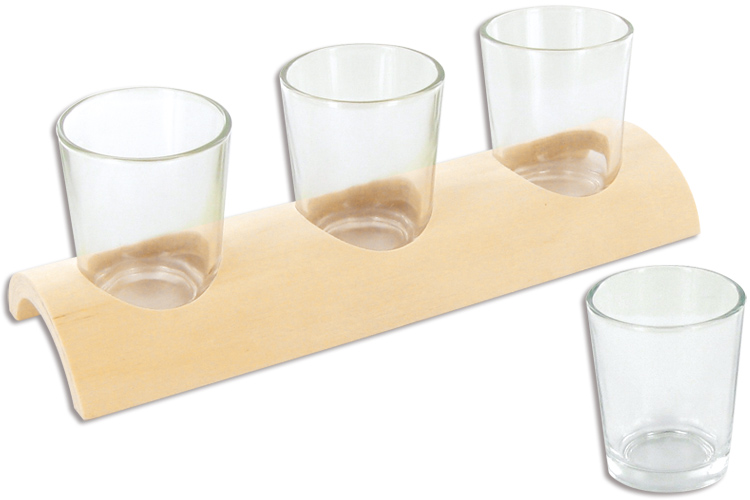 Set de 3 verrines en verre avec support en bois demi-rond