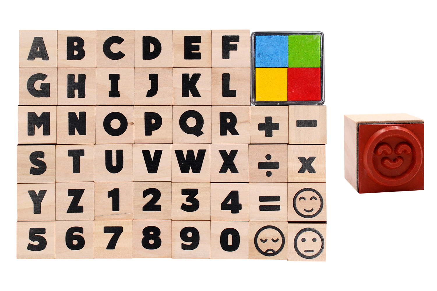 Tampons alphabet et chiffres + 4 encreurs - 44 pièces