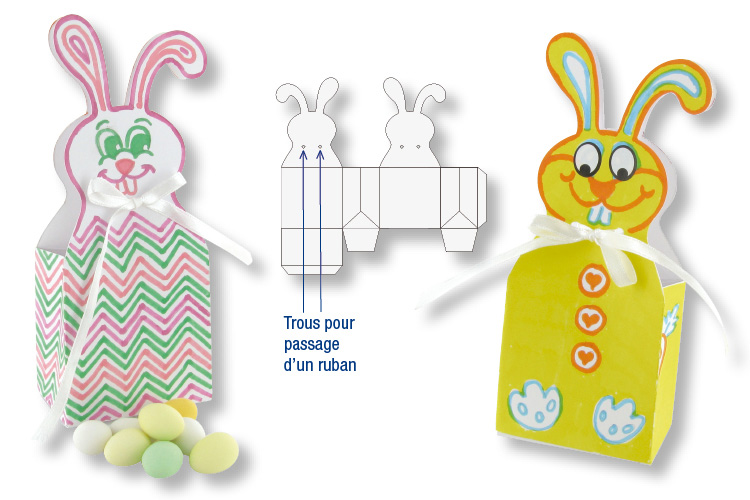 Boîtes lapins de Pâques en carte blanche à colorier + 4 rubans satin blanc