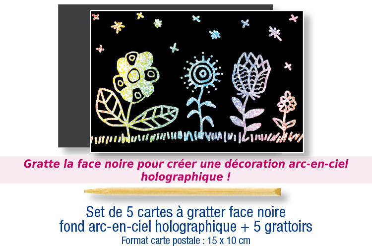 Set de 5 cartes à gratter face noire fond arc en ciel holographique + 5 grattoirs