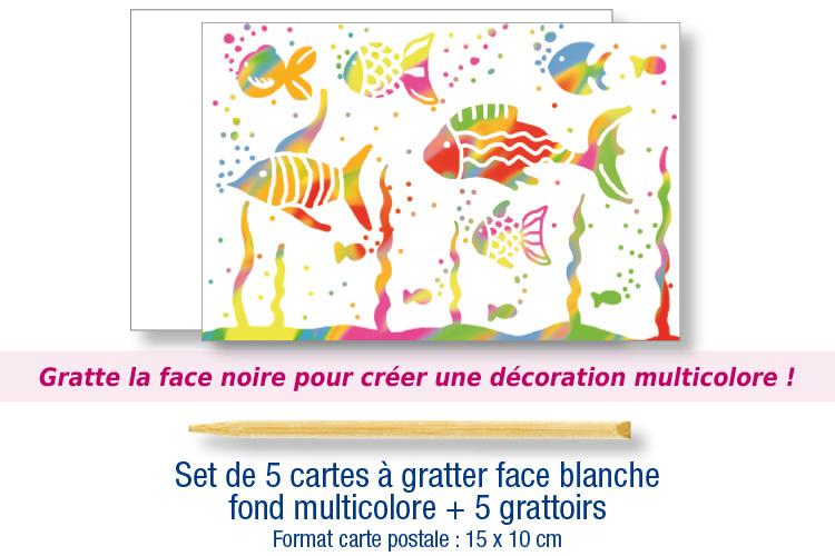 Set de 5 cartes à gratter face blanche fond multicolore + 5 grattoirs