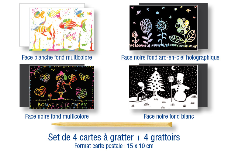Set de 4 cartes à gratter assorties + 4 grattoirs