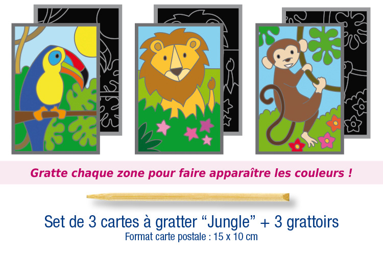 Set de 3 cartes à gratter "Jungle" + 3 grattoirs