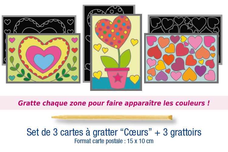 Set de 3 cartes à gratter "Coeurs" + 3 grattoirs