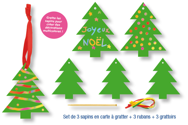 Set de 3 sapins de Noël en carte à gratter + 3 grattoirs + 3 rubans satin