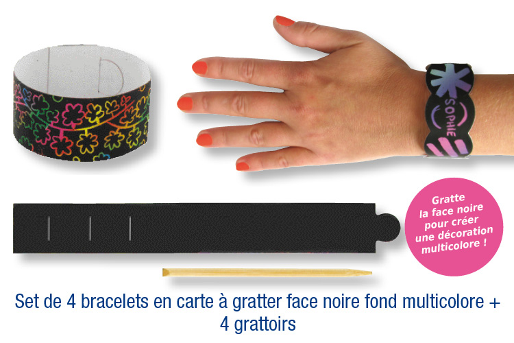 Set de 4 bracelets en carte à gratter + 4 grattoirs