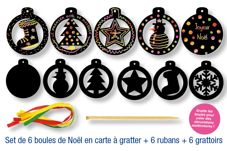 Set de 6 boules de Noël en carte à gratter + 6 grattoirs + 6 rubans satin