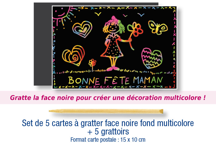 Set de 5 cartes à gratter face noire fond multicolore + 5 grattoirs