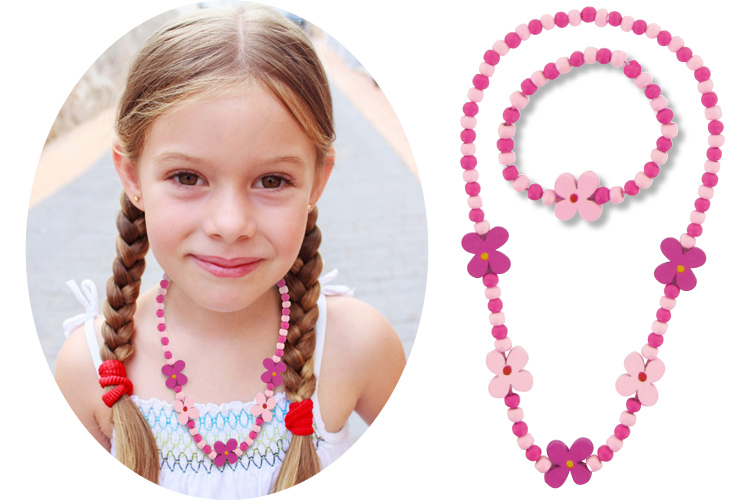 Set bracelet + collier "Fleurs" avec des perles en bois coloré