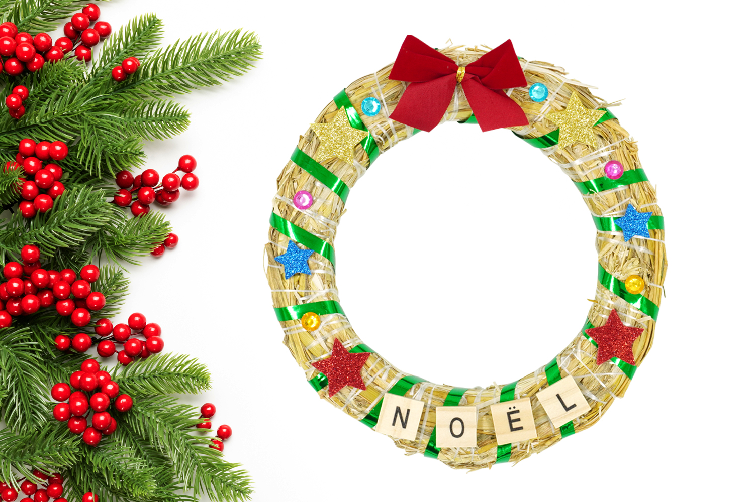 Couronne de Noël en paille et strass