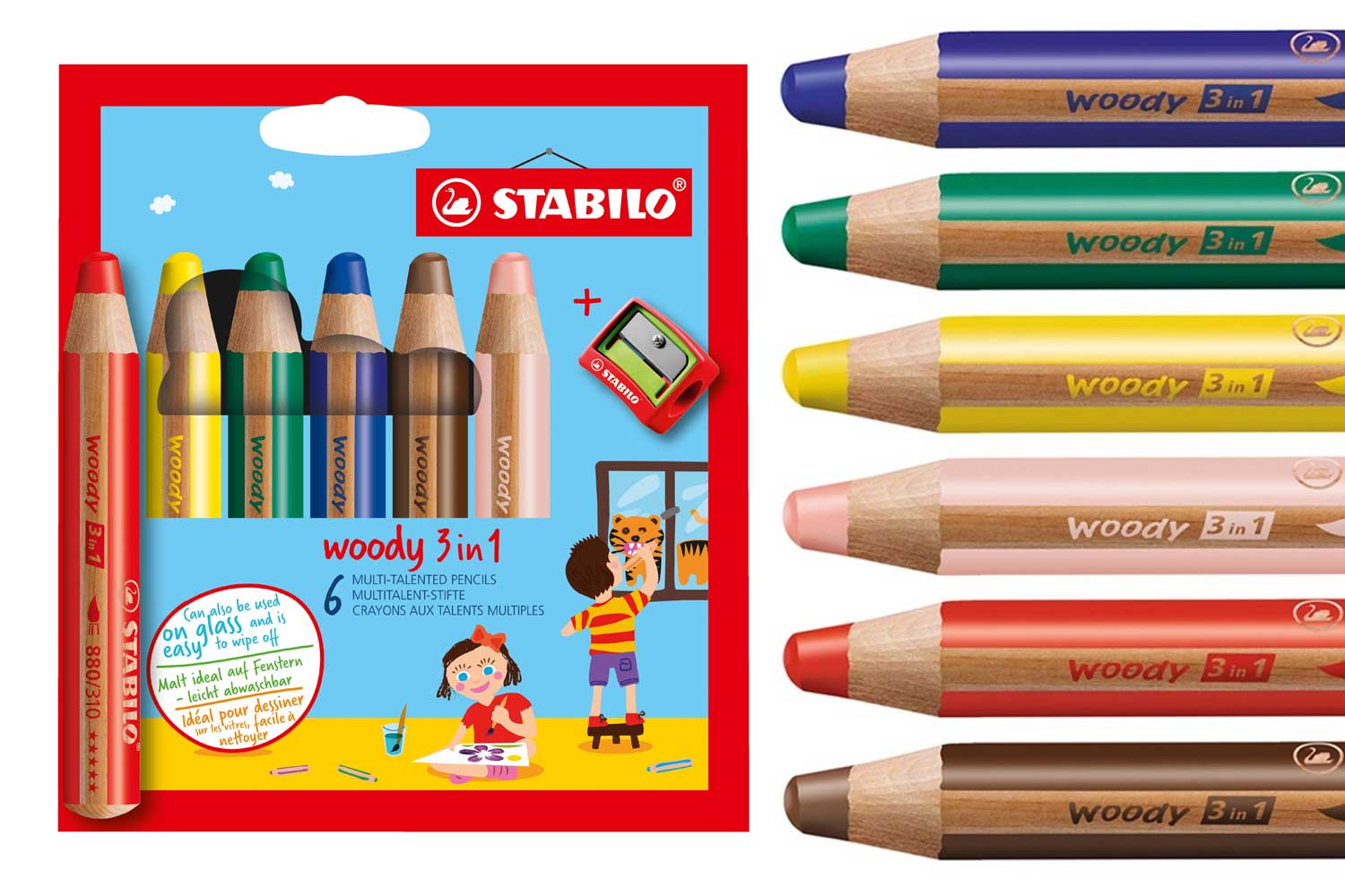 10 crayons multi-talents STABILO woody 3in1 + 1 taille-crayon - Dessiner -  Colorier - Peindre