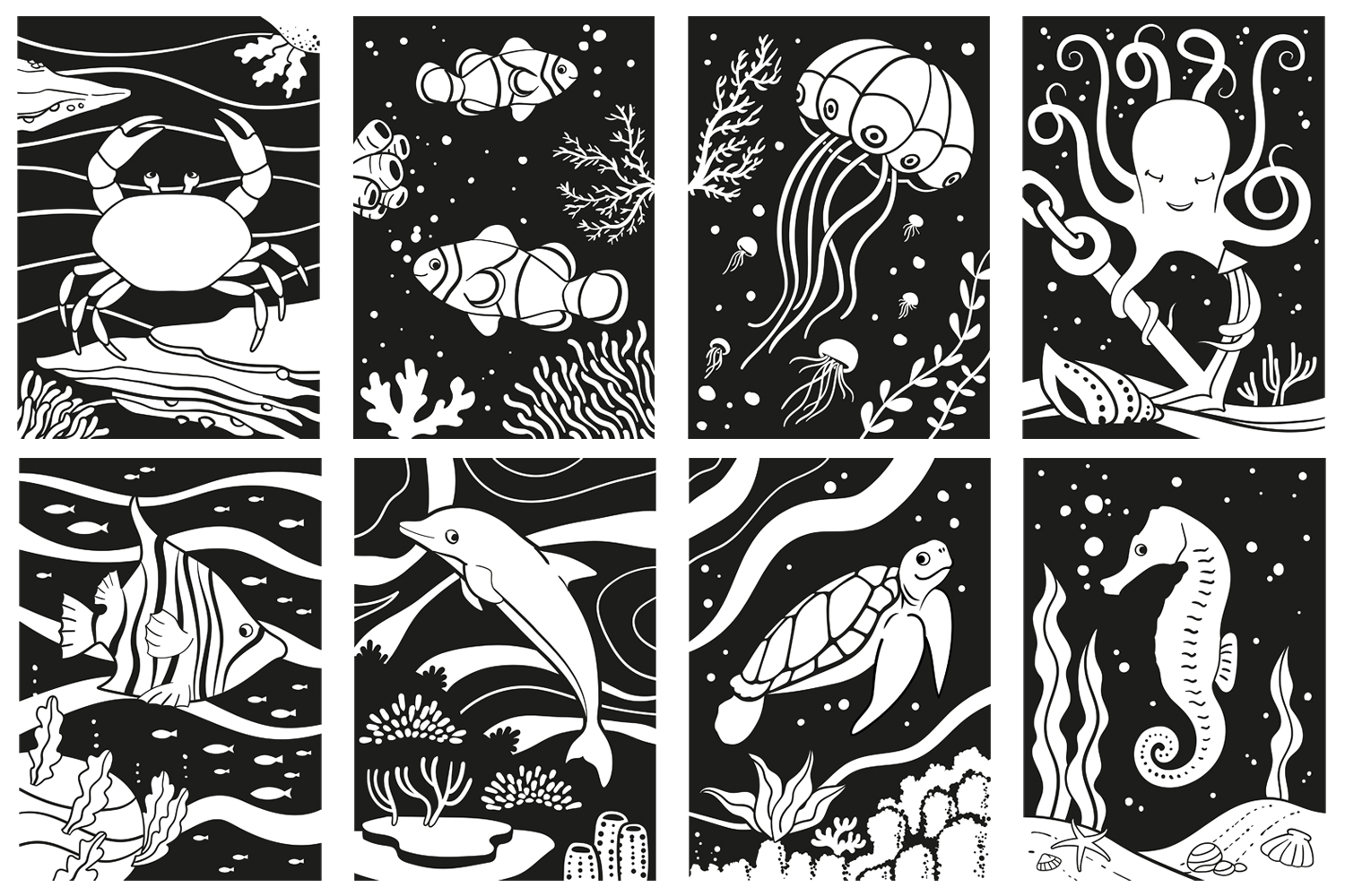 Coloriages velours animaux de la mer - 8 motifs - Supports de dessin à  colorier - 10 Doigts