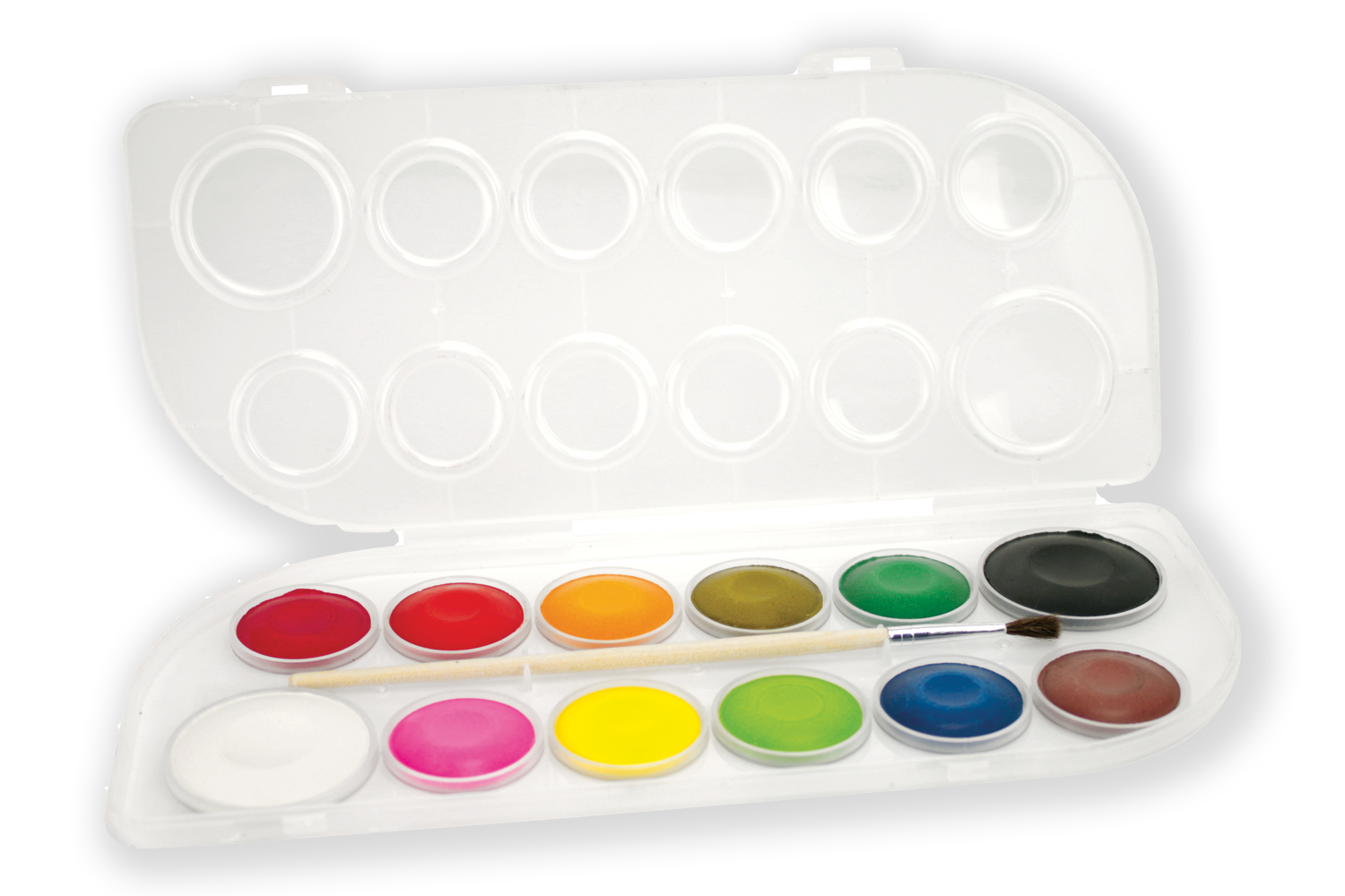 Boîte de 12 pastilles de gouache 30 mm couleurs assorties + 1 pinceau