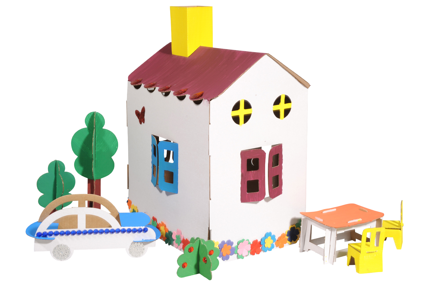 Fabriquer Une Maison En Carton En Maternelle Maison en carton blanc + accessoires - Supports de Coloriages - 10 Doigts