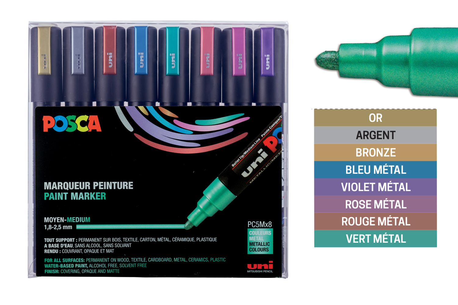 Coffret de 8 marqueurs peinture Posca pailletés, pointe fine