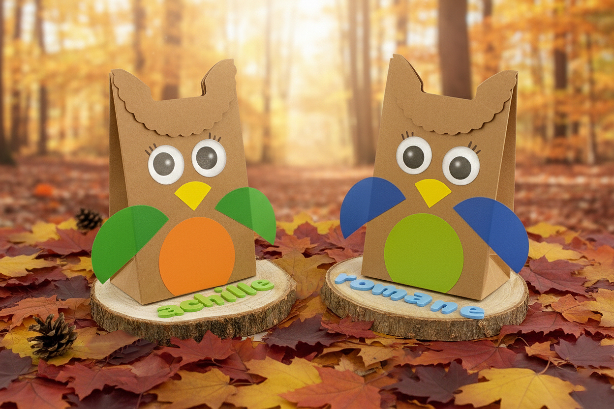 Hibou avec un sachet kraft