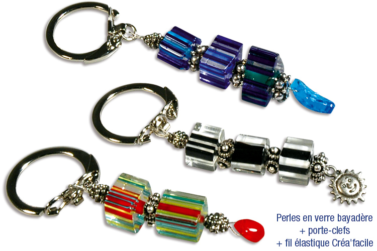 Porte-clefs ou mousqueton de perles bayadères en verre