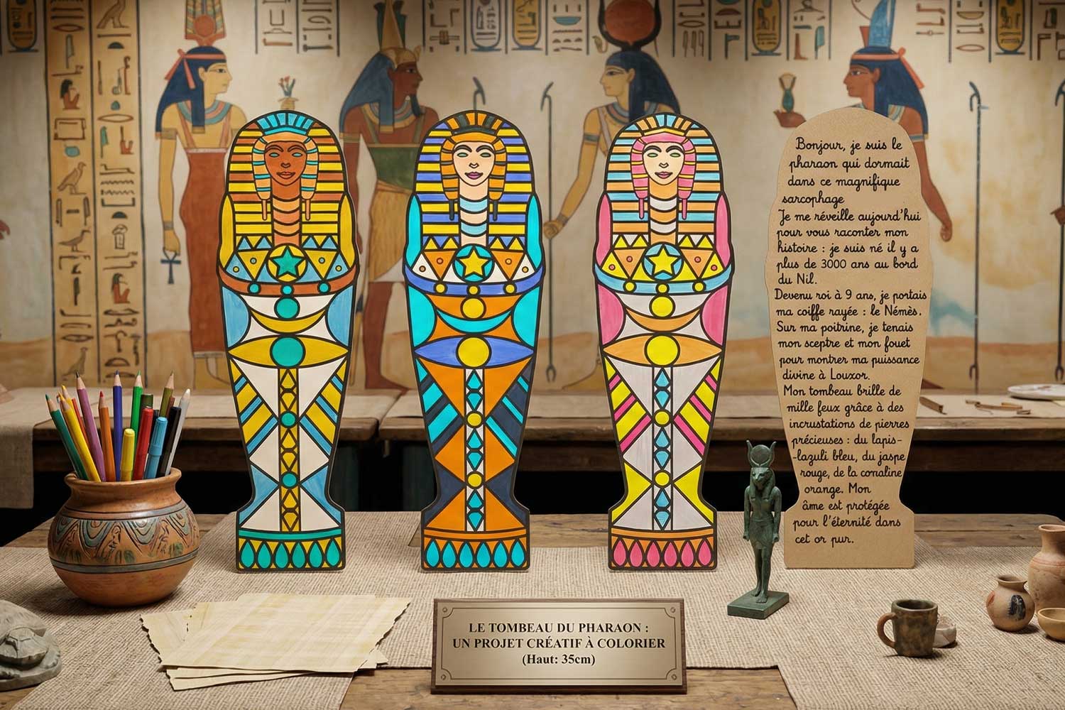 Ateliers Égypte : 2 projets avec le sarcophage à colorier
