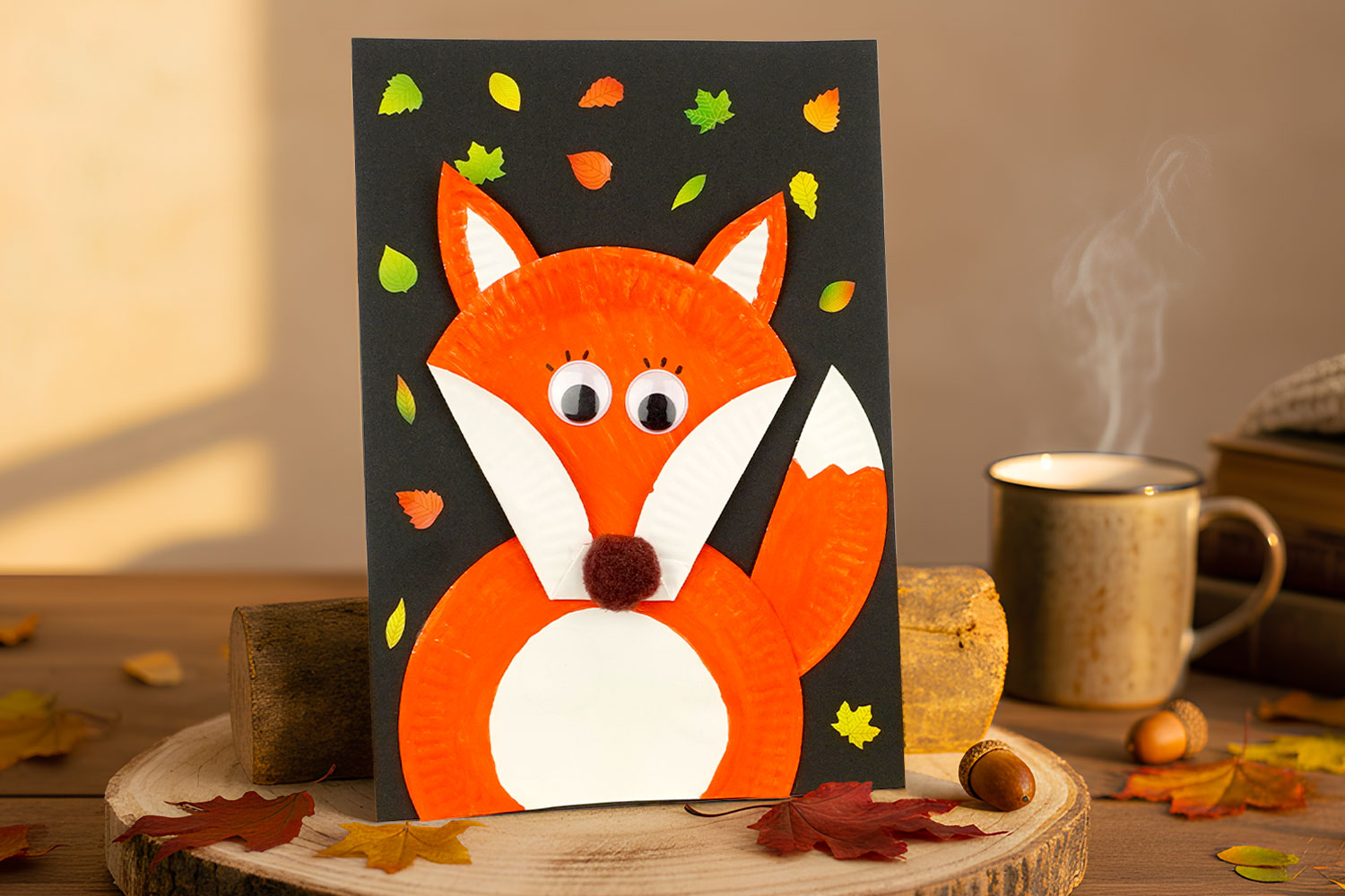 Renard avec des assiettes en carton