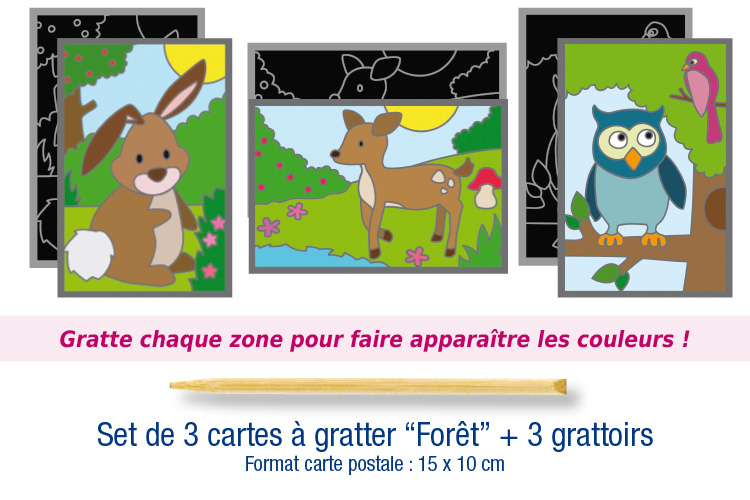 Set de 3 cartes à gratter "Forêt" + 3 grattoirs