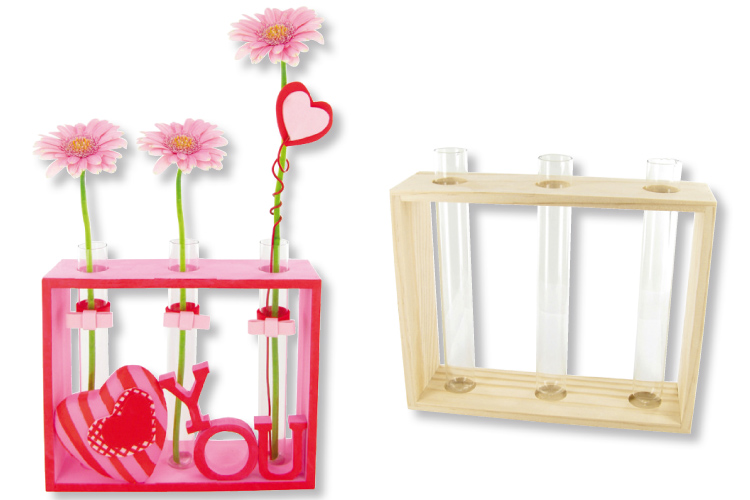 Set de 3 soliflores en verre, avec support en bois