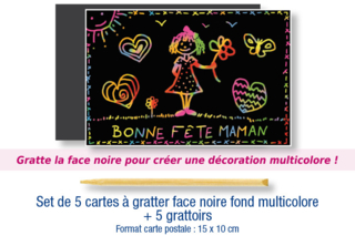 Set de 5 cartes à gratter face noire fond multicolore + 5 grattoirs - Cartes à gratter, cartes à sabler - 10doigts.fr