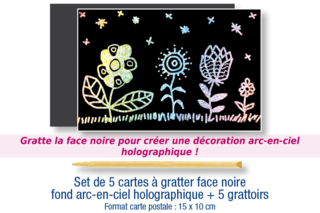 Set de 5 cartes à gratter face noire fond arc en ciel holographique + 5 grattoirs - Cartes à gratter, cartes à sabler - 10doigts.fr