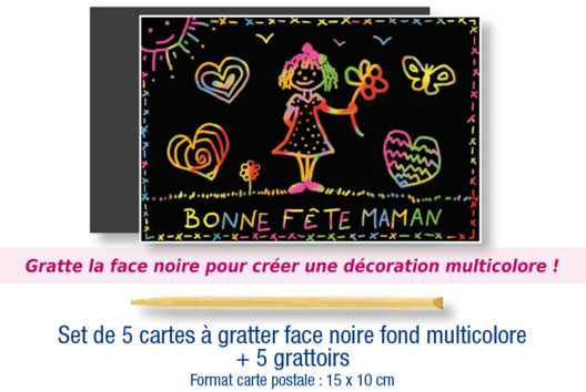 Cartes à gratter face noire fond multicolore + 5 grattoirs - Activités manuelles arc-en-ciel - 10doigts.fr