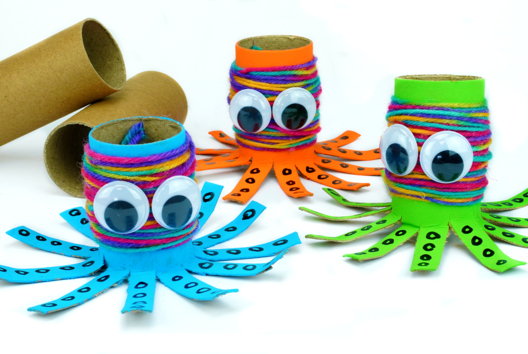 Pieuvre Rouleau Carton Laine - Activités manuelles océan - 10doigts.fr