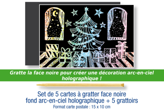 Set de 5 cartes à gratter face noire fond arc en ciel holographique + 5 grattoirs  - Activités manuelles arc-en-ciel - 10doigts.fr - 2