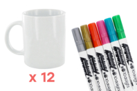 PROMO : lot de 12 mugs en céramique + 6 marqueurs peinture céramique - Supports en céramique à décorer - 10doigts.fr