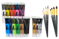 Peinture acrylique - Set de 14 tubes 75 ml (or et argent inclu) + CADEAU : 1 set de 8 pinceaux (4 brosses plates + 4 pinceaux ronds)  à poils synthétiques - Peinture acrylique mate - 10doigts.fr