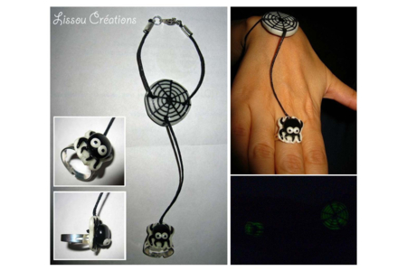 Bracelet-bague araignée phosphorescente et sa toile - Fimo, Cernit - 10doigts.fr