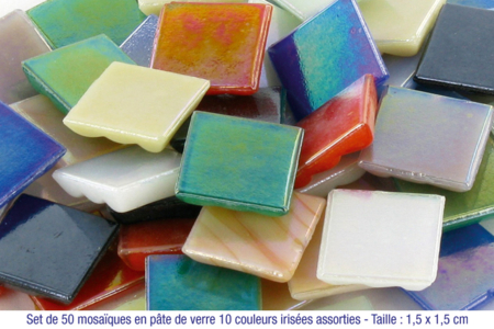Set de 50 mosaïques en pâte de verre, 10 couleurs irisées assorties - Mosaïques en verre – 10doigts.fr