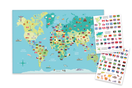 Carte du monde + 2 planches de gommettes drapeaux - Kits éducatifs – 10doigts.fr