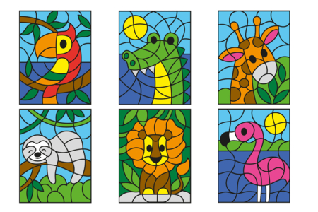 Coloriages aux numéros - Thème Animaux de la Jungle (6 coloriages) - Formes et dessins à colorier – 10doigts.fr