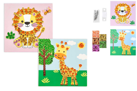Kit tableaux sequins lion et girafe 15 x 15 cm - Kits clés en main – 10doigts.fr