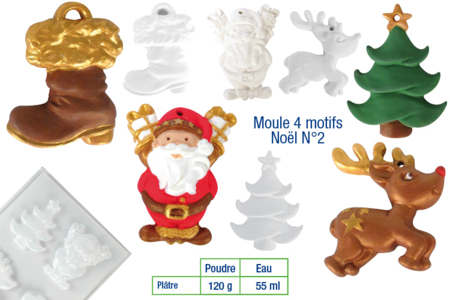 Moule 4 motifs de Noël N°2 avec trous pour suspension - Moules pour plâtre, savon, béton ... – 10doigts.fr