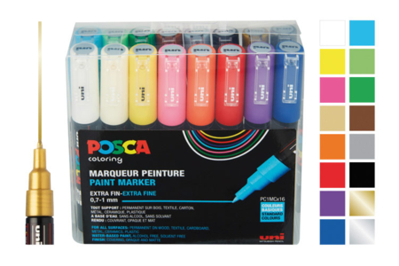 Pochette de 16 marqueurs POSCA pointes extra-fines (0,7 à 1 mm) - couleurs vives assorties - Marqueurs POSCA – 10doigts.fr