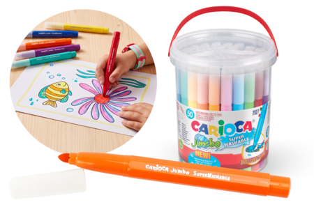 Pot de 50 feutres Carioca Jumbo - Feutres pointes larges : pour des coloriages éclatants et des aplats parfaits – 10doigts.fr