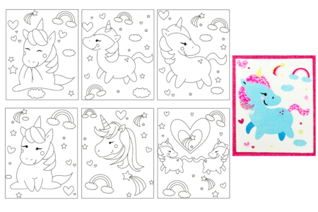 Set de 6 cartes à sabler ou pailleter 13x16cm Licornes - Sables colorés – 10doigts.fr