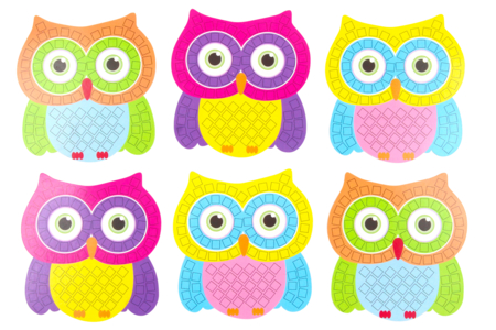 Set de 6 hiboux en carte forte à décorer avec des mosaiques de caoutchouc souple - Mosaïques papier, mousse – 10doigts.fr