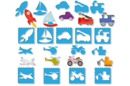 Set de 9 pochoirs + 9 tracettes : VEHICULES - Pochoirs Transports et Métiers – 10doigts.fr