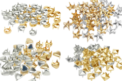 Clous formes assorties ( pyramides, ronds, étoiles, coeurs) or et argent - 150 clous assortis - Clous et rivets - 10doigts.fr