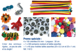 PROMO : 4 pochettes de 100 chenilles + 1 pochette de 300 pompons + 1 pochette de 40 yeux mobiles - Chenilles, cure-pipe - 10doigts.fr