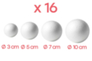 Boules en polystyrène Ø 3, 5, 7 et 10 cm - Set de 16 (4 boules par taille) - Boules en polystyrène - 10doigts.fr