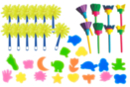 Mega lot 34 accessoires peinture : 6 brosses éponge + 8 brosses caoutchouc + 20 éponges formes fantaisie - Tampons mousse, éponges 12801 - 10doigts.fr